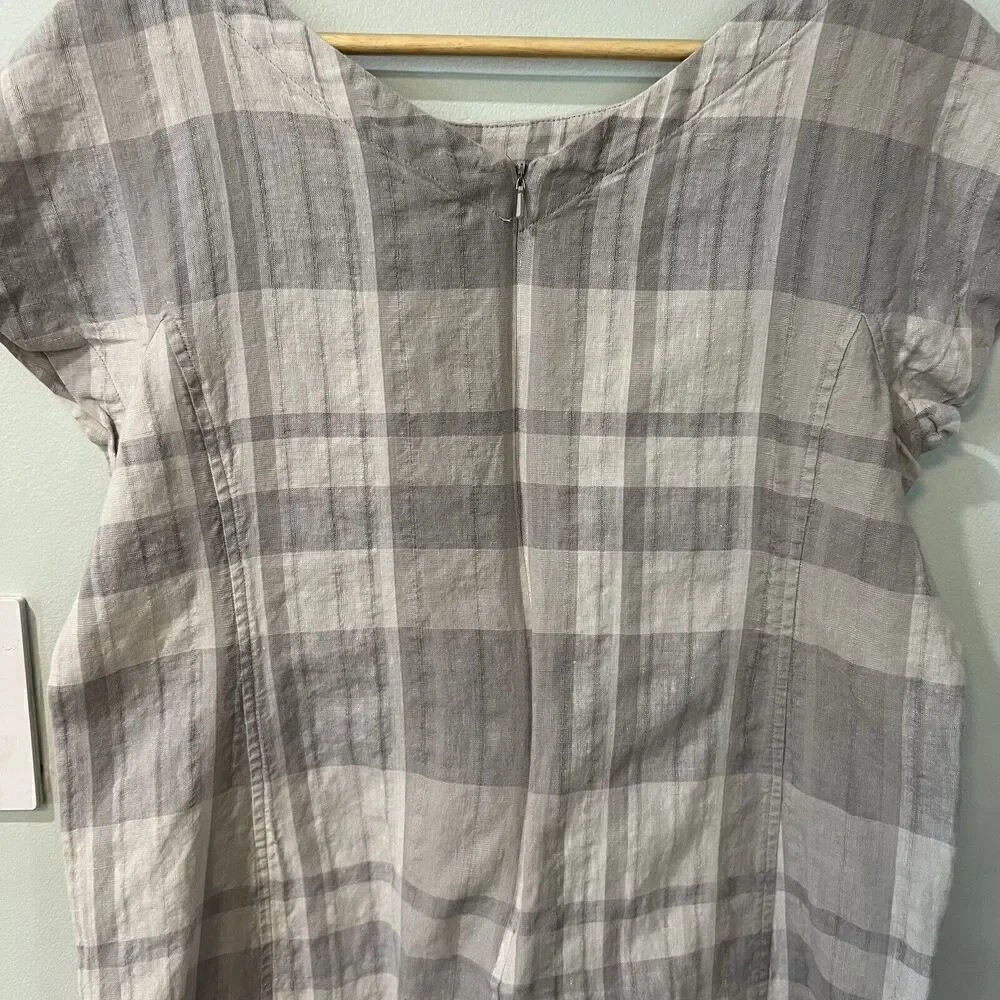 Eileen Fisher Size Small Airy Organic Linen Cotton Gray Plaid Shift Dress Pocket